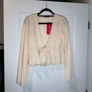 Elegant Cream Deep V Open Tie-Front Blouse Long Sleeve